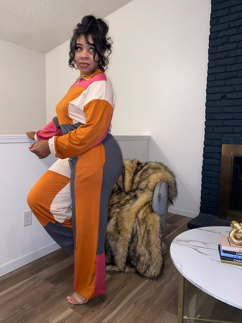 Colorblock Zipper Sweatshirt Pants Set| Orange