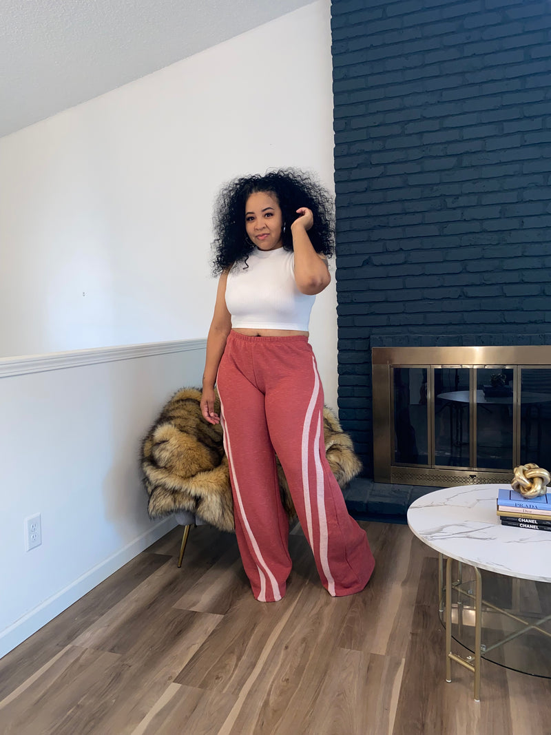 Two Tone Retro Wide Leg Joggers| Marsala