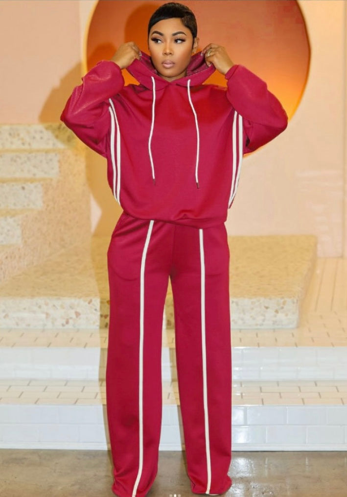Pin Stripe Hooded Pants Set| Maroon