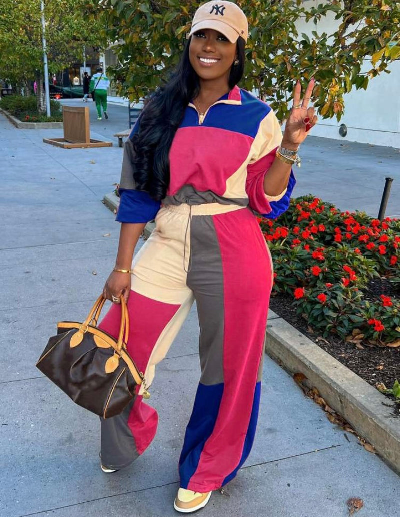 Colorblock Zipper Sweatshirt Pants Set| Pink