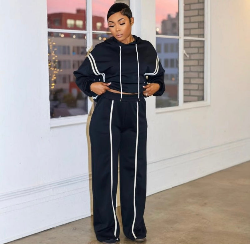 Pin Stripe Hooded Pants Set| Black