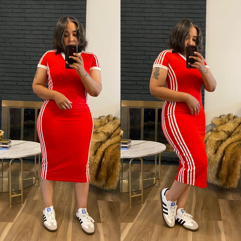 V-Neck Stripe Dress| Red