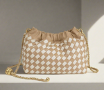 Vintage Hand Woven Leather Ruched Handbag| Light Brown & White