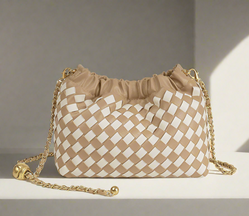 Vintage Hand Woven Leather Ruched Handbag| Light Brown & White