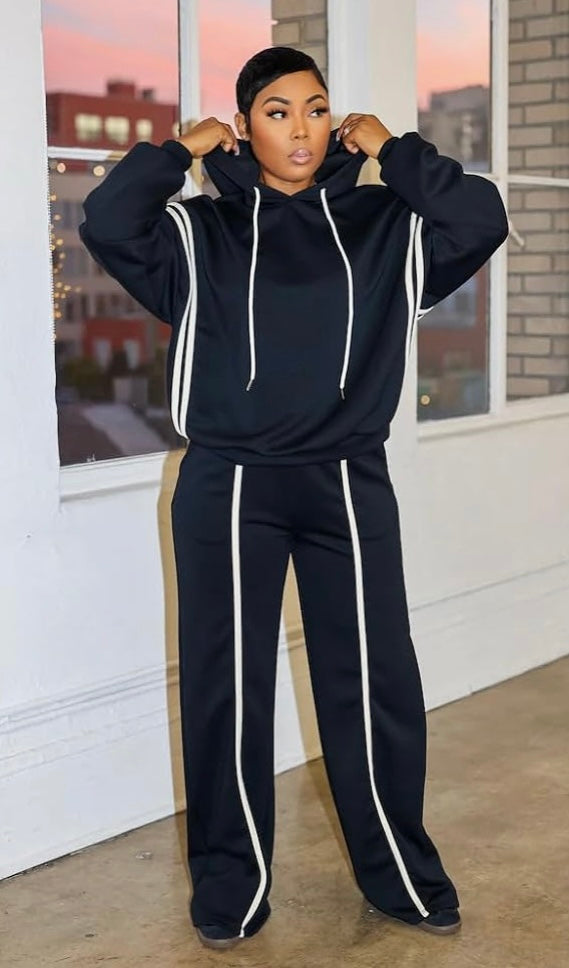 Pin Stripe Hooded Pants Set| Black