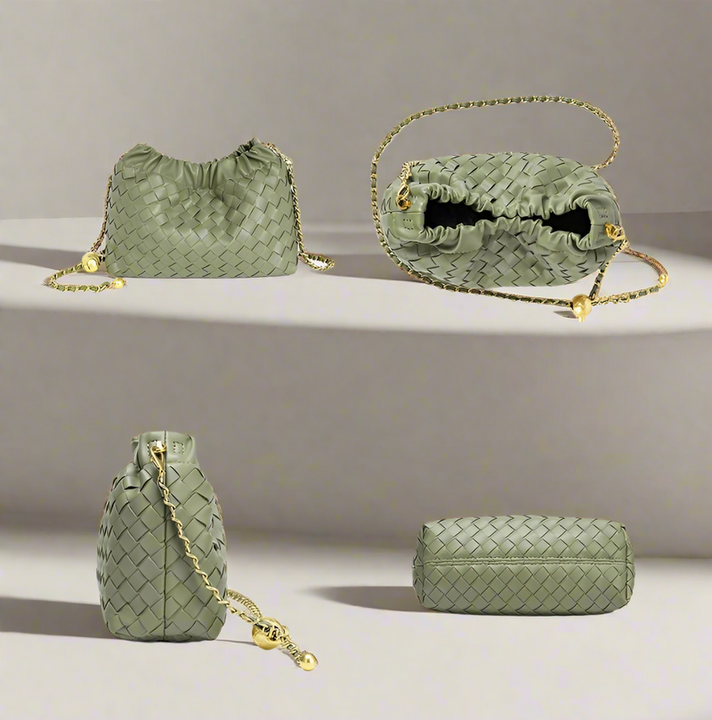 Vintage Hand Woven Leather Ruched Handbag| Ash Olive & White