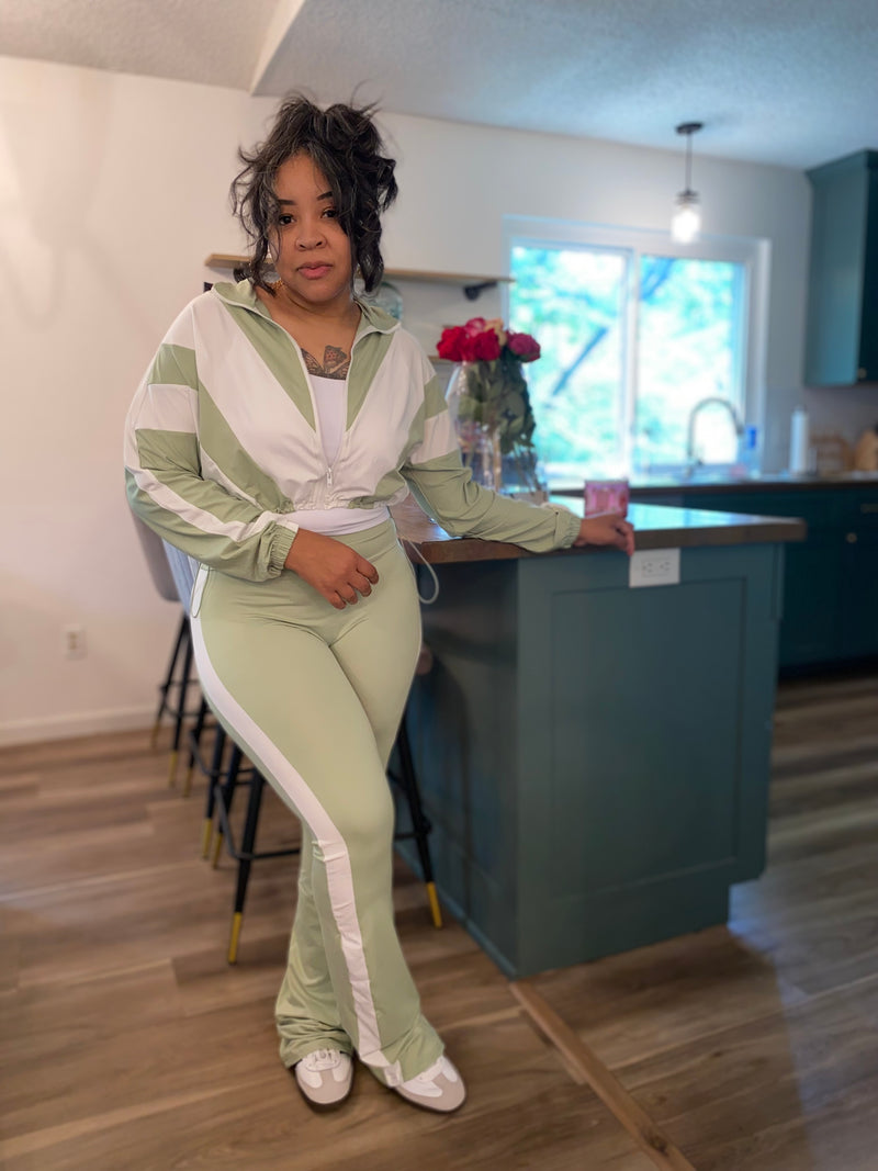 2PC Vintage Stripe Jacket Pants Set| Sage