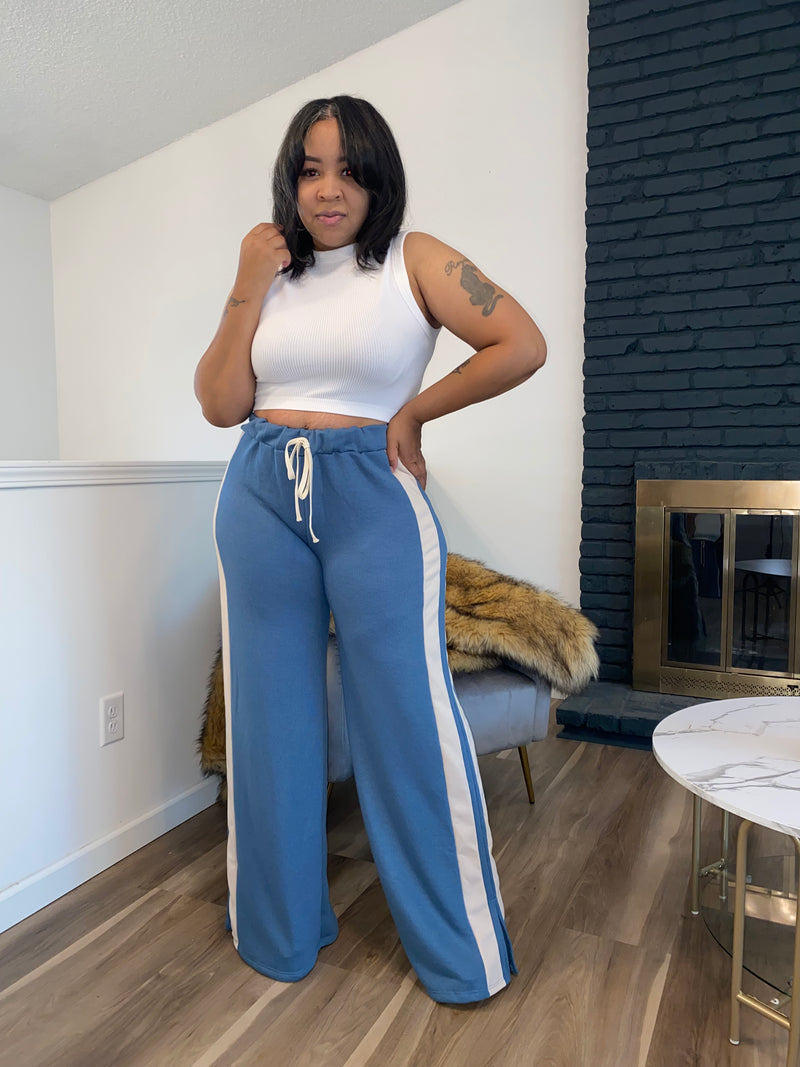 Two Tone Retro Wide Leg Joggers| Blue & Cream