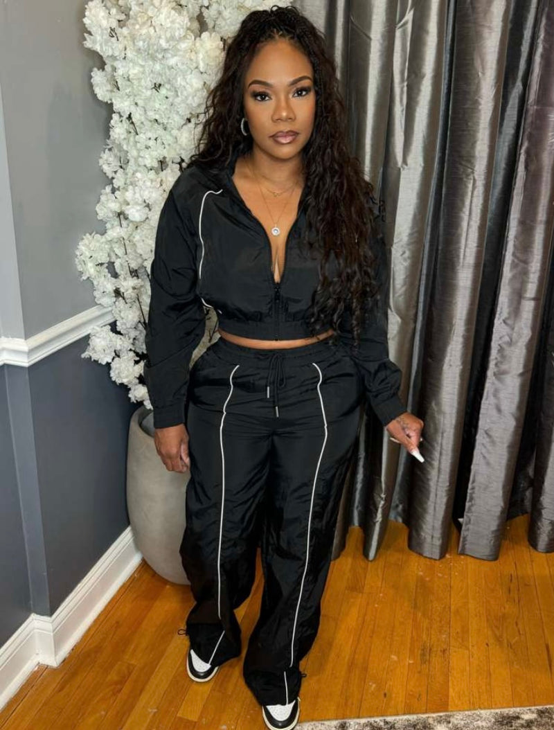 2PC Windbreaker Jacket Pants Set|Black