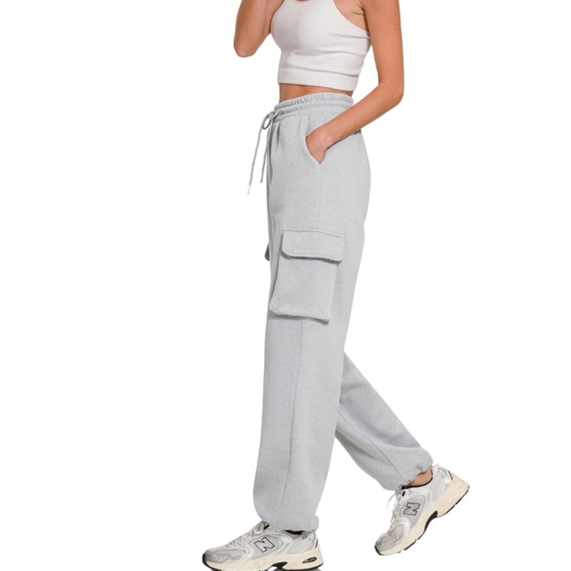 Fleece Cargo Wide-leg Sweatpants| Grey