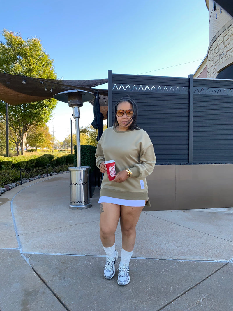 Double Layered Sweatshirt Dress| Ash Olive
