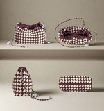 Vintage Hand Woven Leather Ruched Handbag| Burgandy & White