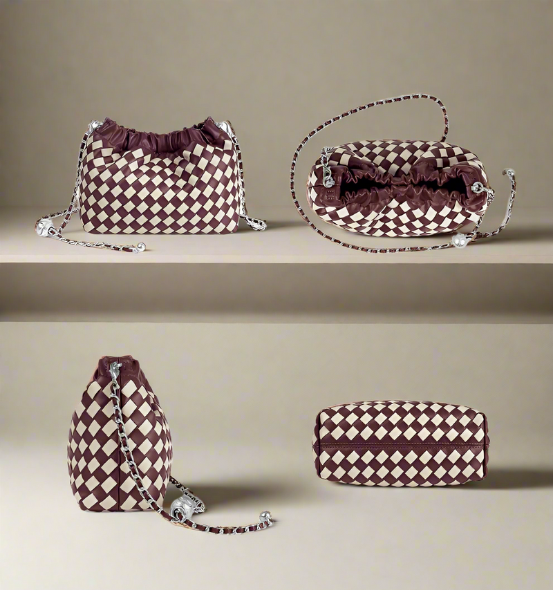 Vintage Hand Woven Leather Ruched Handbag| Burgandy & White