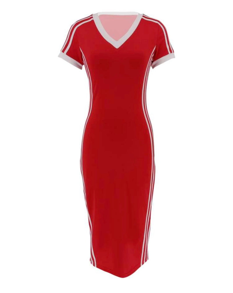 V-Neck Stripe Dress| Red