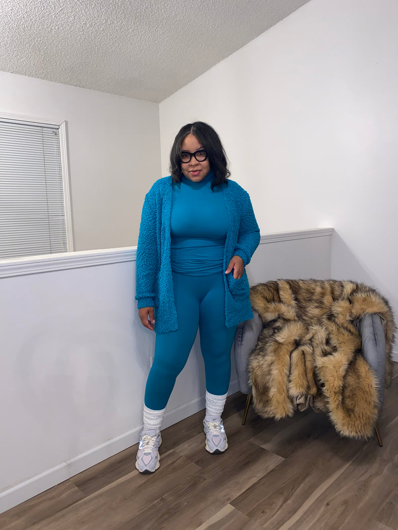 3PC Popcorn Cardigan Turtleneck Legging Set|Lt Teal (Restocked Ships Next Week Available Now For Early Purchase)