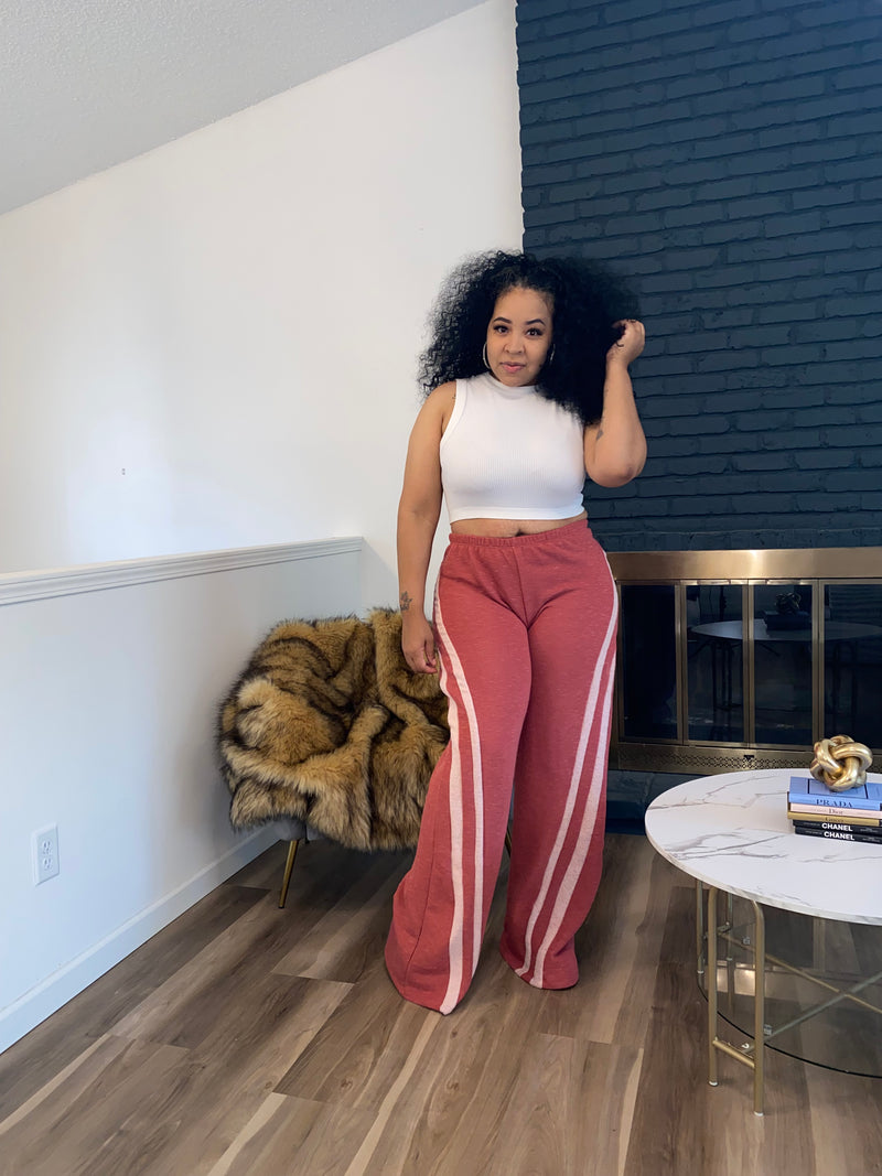 Two Tone Retro Wide Leg Joggers| Marsala