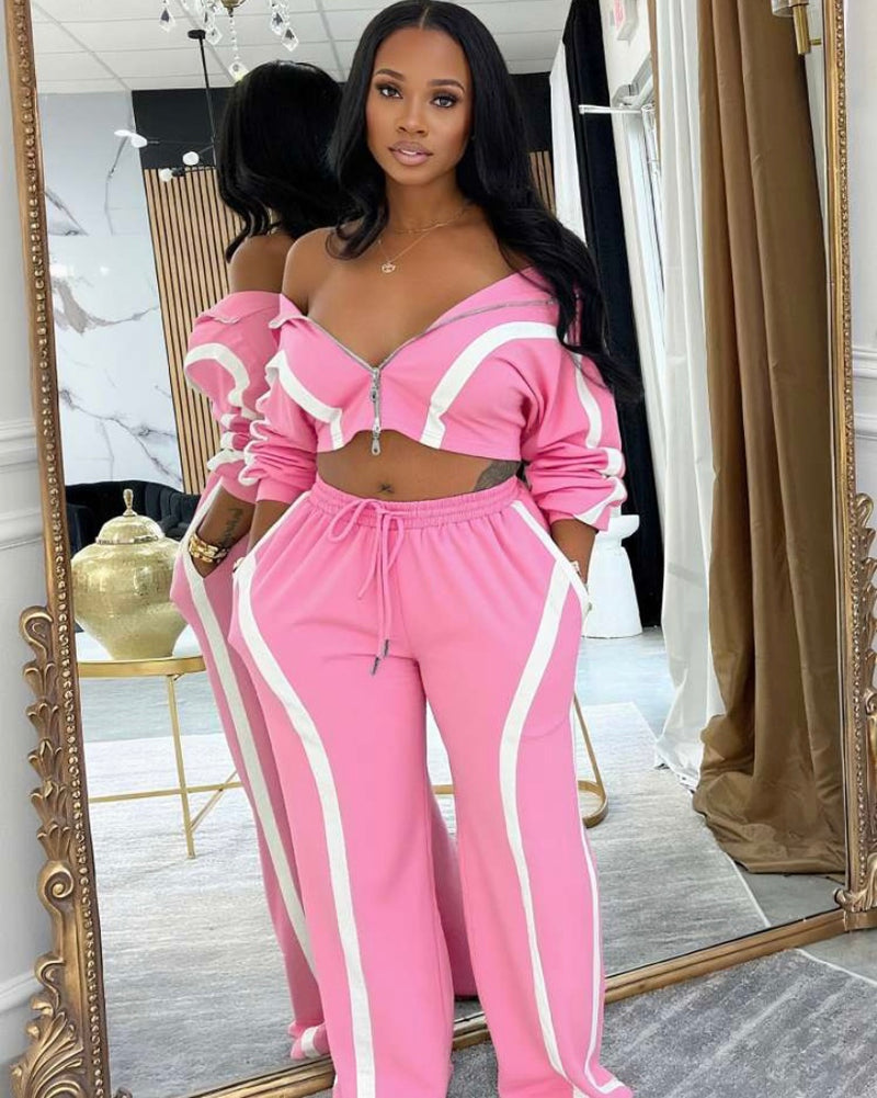 Retro Collar Jacket Pants Set| Pink