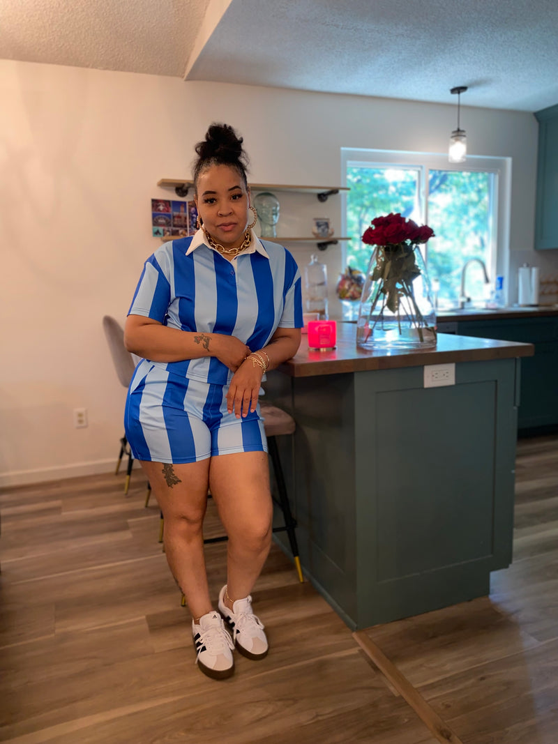 Casual Stripe Short Set| Blue