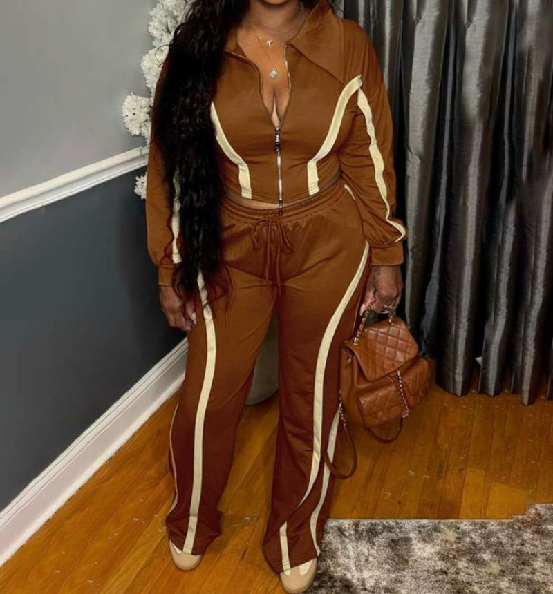 Retro Collar Jacket Pants Set| Brown