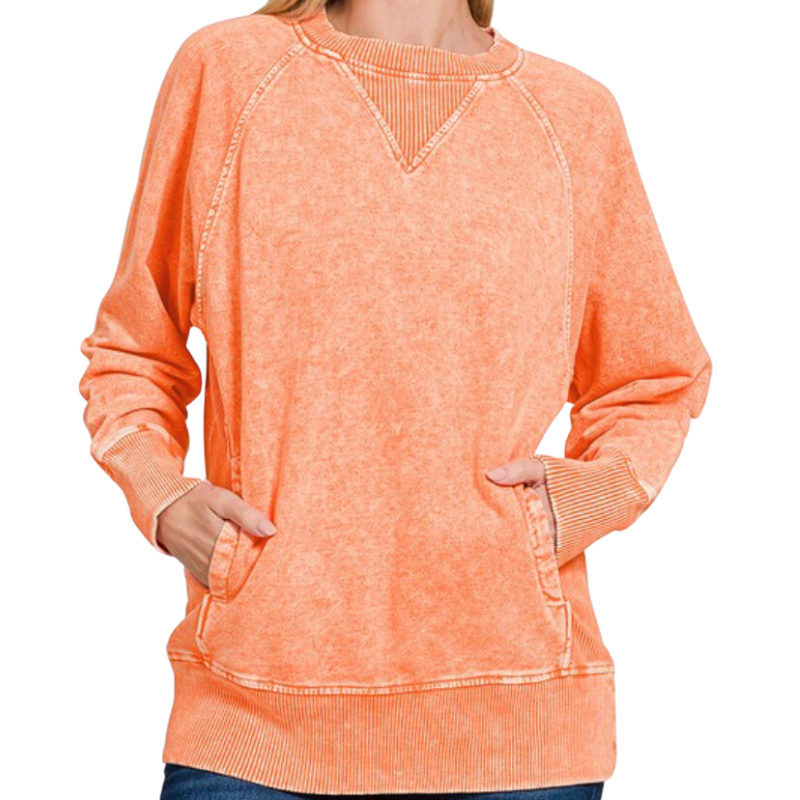 Acid Wash Sweatshirt with Pockets| Orange