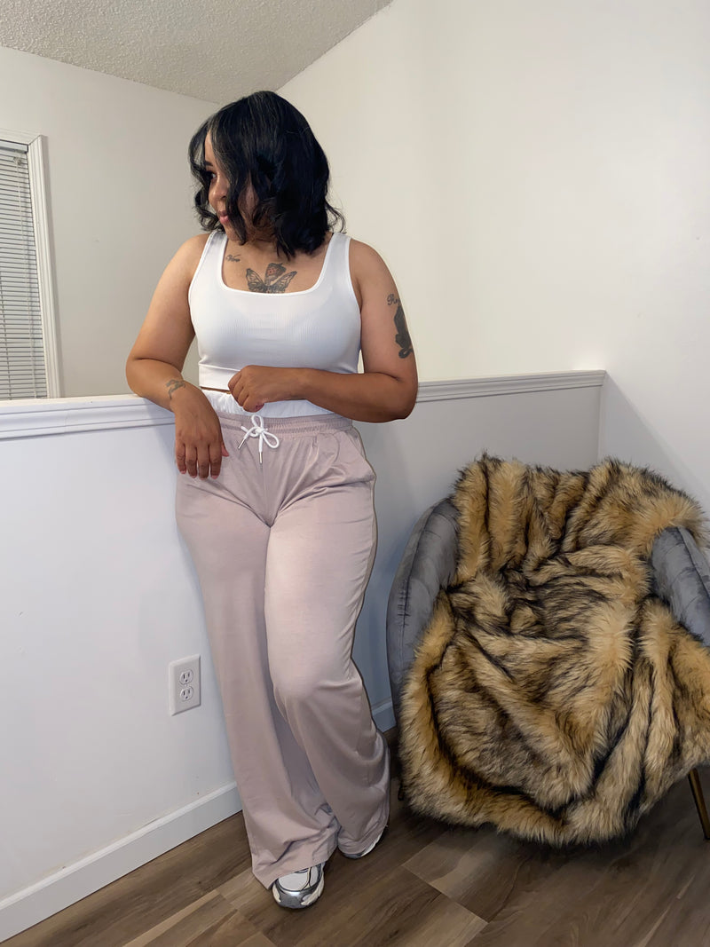 U-Neck Cropped Tank Wide Leg Pant Set| Khaki *$28 until 9/2 all sales are final*