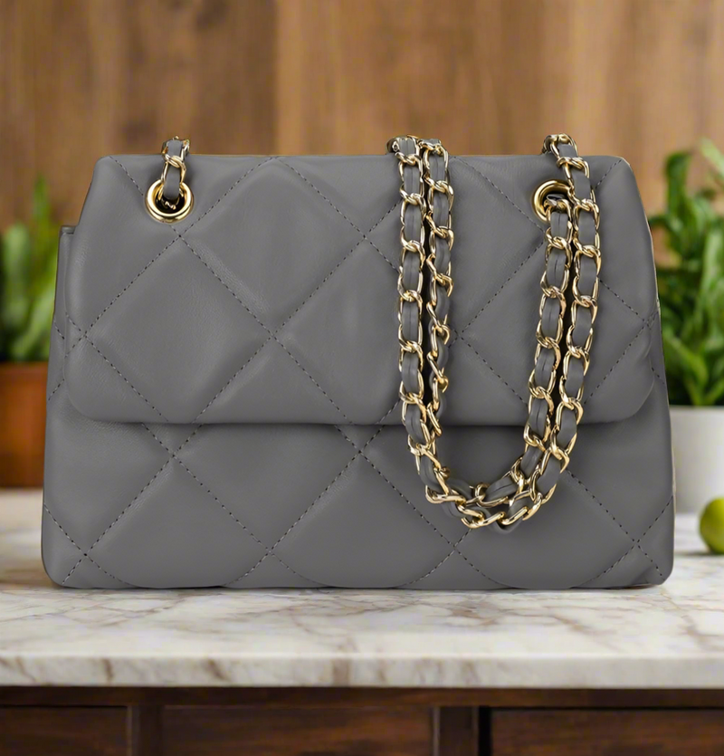 Quilted Flap Over Handbag| Grey
