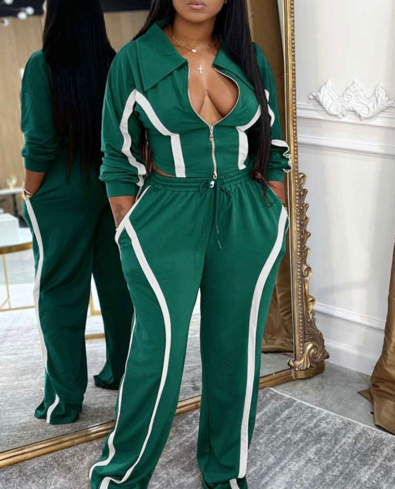 Retro Collar Jacket Pants Set| Green
