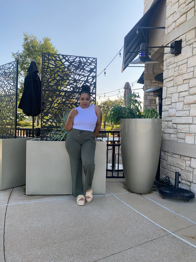 Stretchy Ribbed Wide Leg Pants| Olive