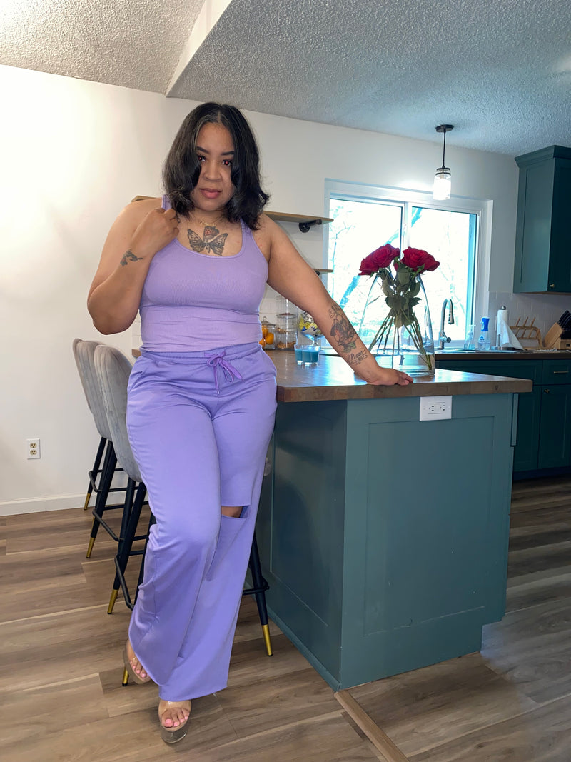 2PC Tank Top Laser Cut Pants Set| Purple