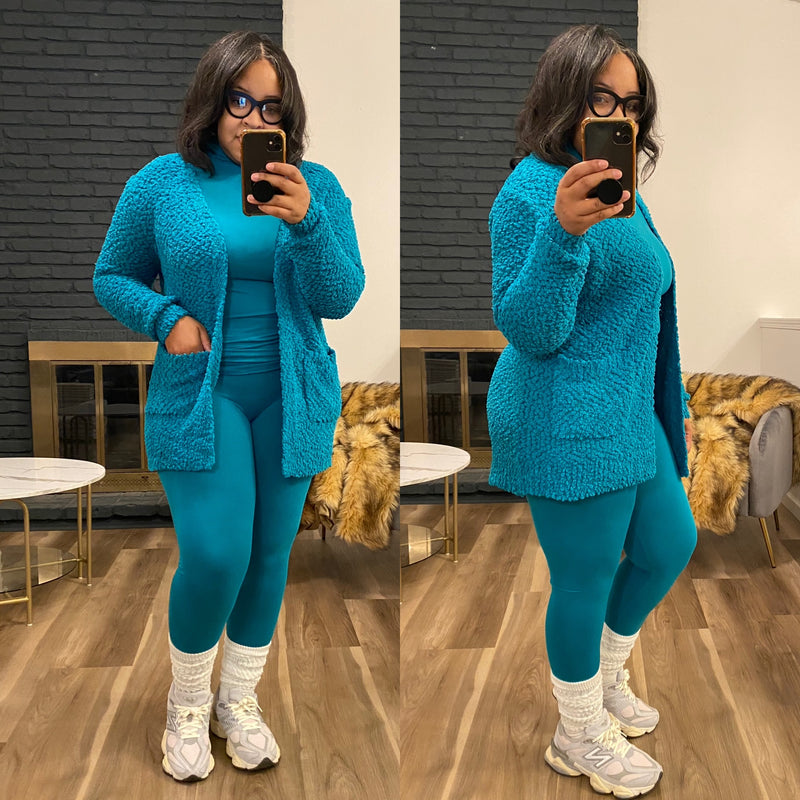 3PC Popcorn Cardigan Turtleneck Legging Set|Lt Teal (Restocked Ships Next Week Available Now For Early Purchase)