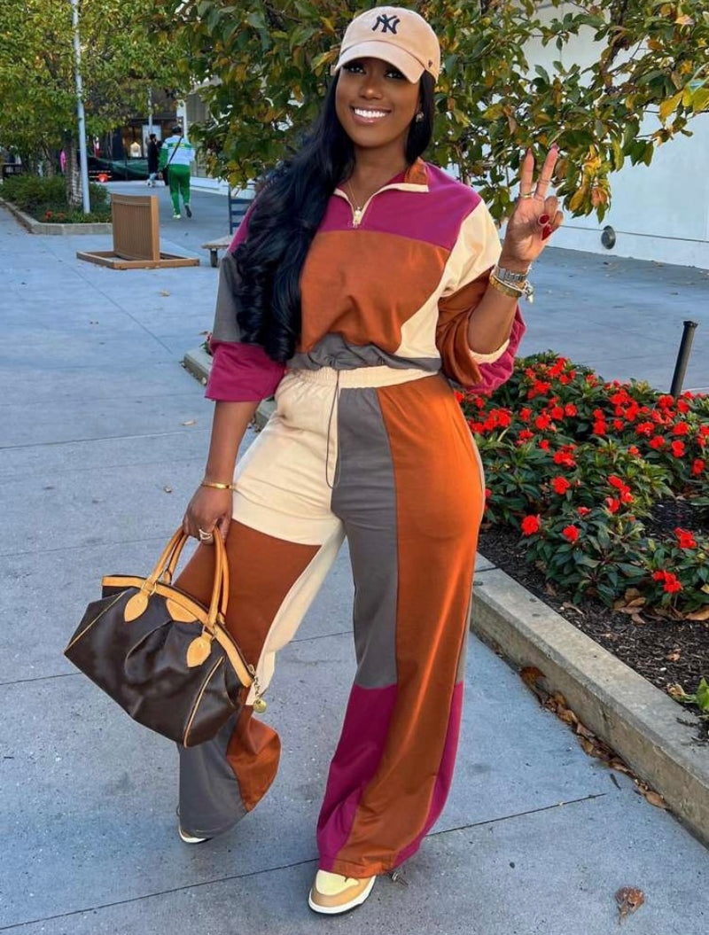Colorblock Zipper Sweatshirt Pants Set| Orange
