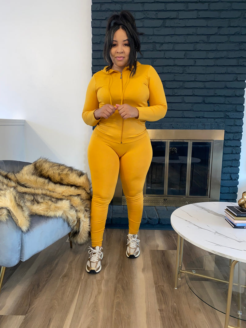 Zip Front Hoodie Legging Set Plus Size Mustard BINJ Boutique