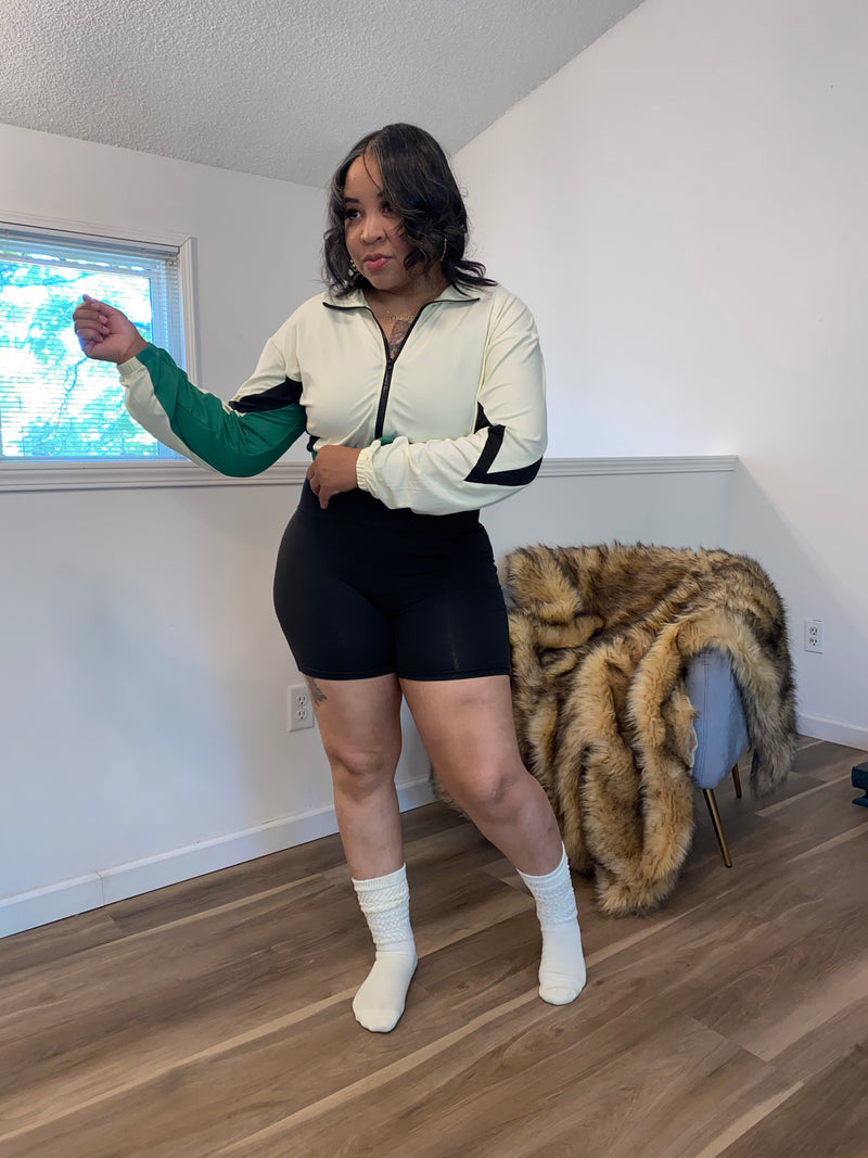 2PC Zipper Jacket Short Set| Black,Green & Nude
