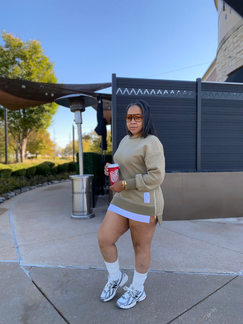 Double Layered Sweatshirt Dress| Ash Olive