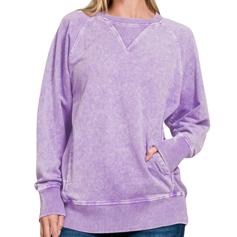 Acid Wash Sweatshirt with Pockets| Violet