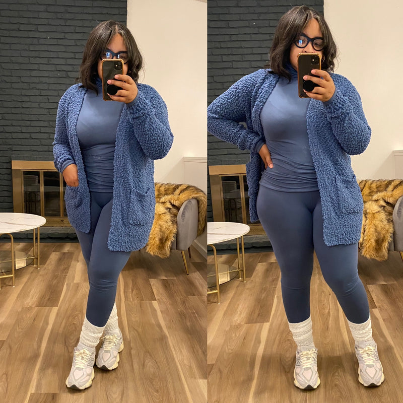 3PC Popcorn Cardigan Turtleneck Legging Set|Dusty Blue (Restocked Ships Next Week Available Now For Early Purchase)