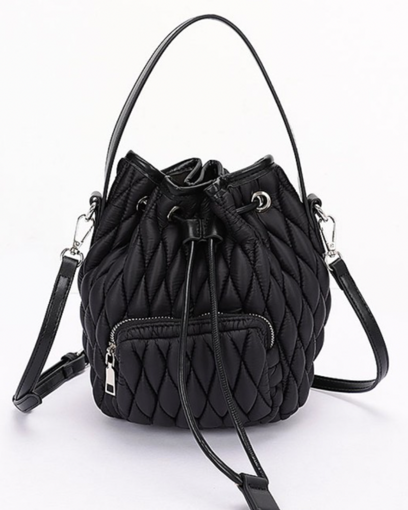 Quilted Puffer Bucket Bag| Black