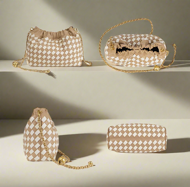 Vintage Hand Woven Leather Ruched Handbag| Light Brown & White