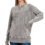 Acid Wash Sweatshirt with Pockets| Ash Black