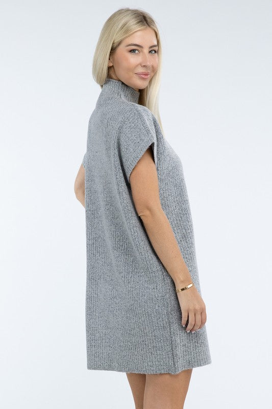 Mock Neck Short Sleeve Sweater Dress with Pocket