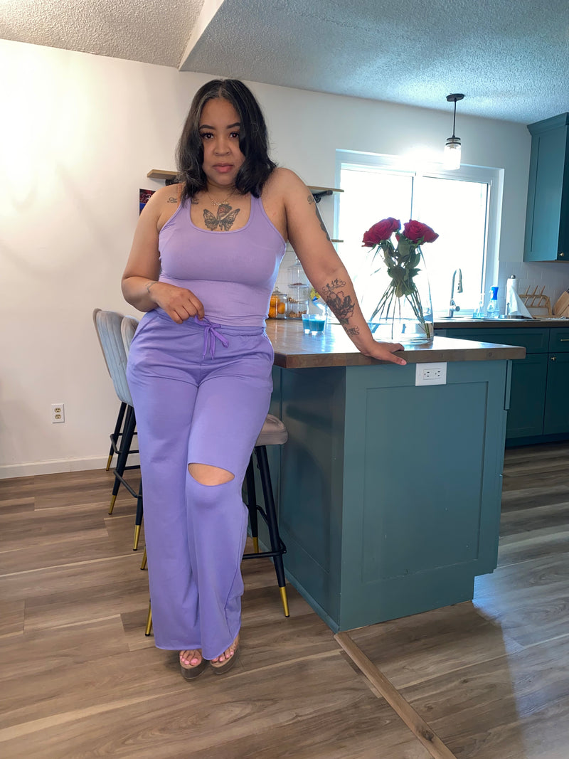2PC Tank Top Laser Cut Pants Set| Purple