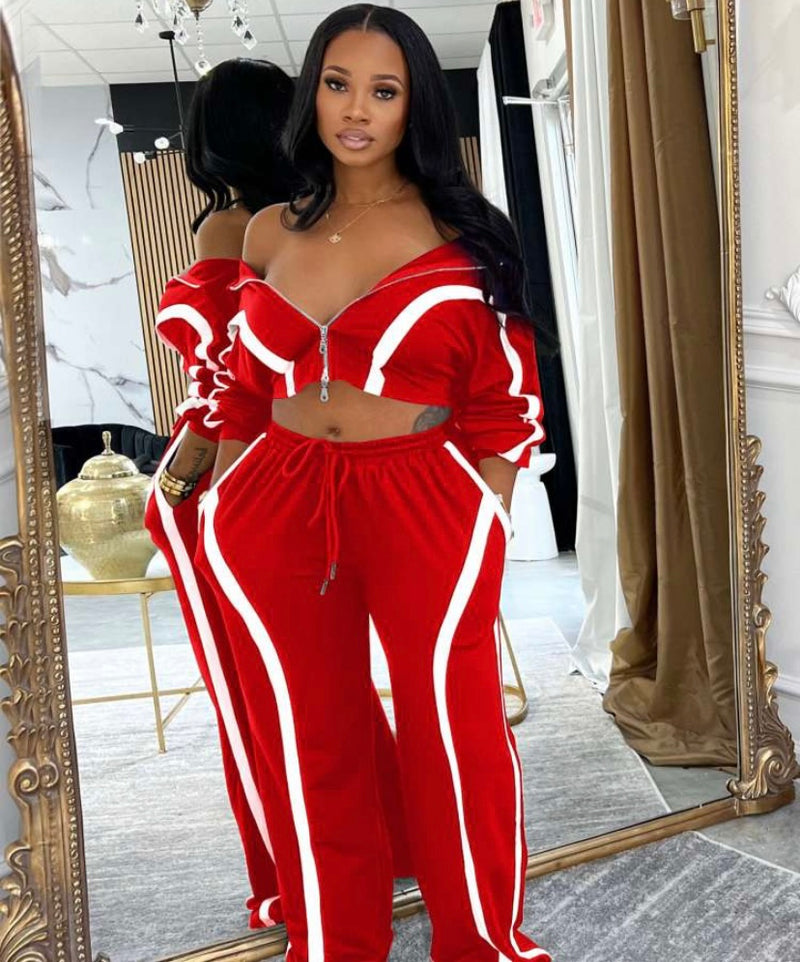 Retro Collar Jacket Pants Set| Red