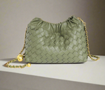Vintage Hand Woven Leather Ruched Handbag| Ash Olive & White