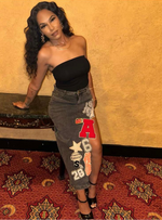 Embroidery Patch Denim Skirt With Split| Black