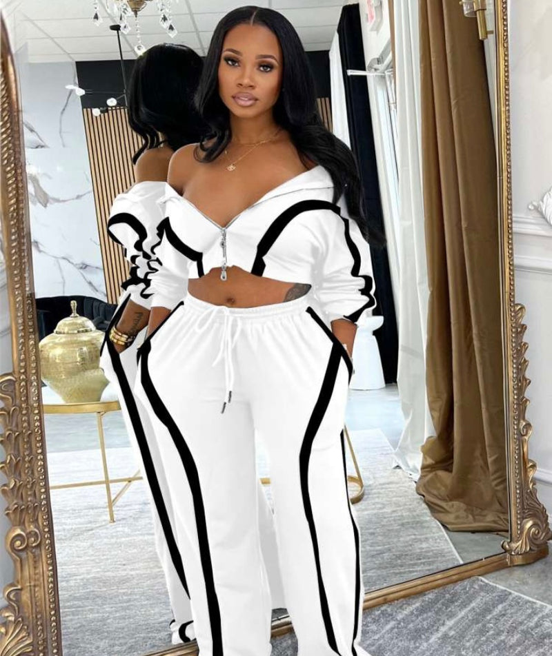 Retro Collar Jacket Pants Set| White