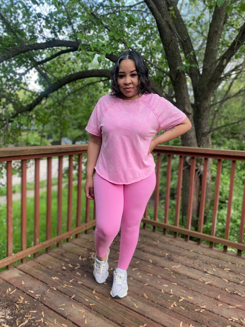 Crinkle Washed T-Shirt Legging Set| Pink
