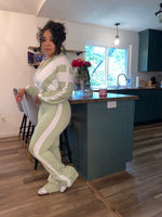 2PC Vintage Stripe Jacket Pants Set| Sage