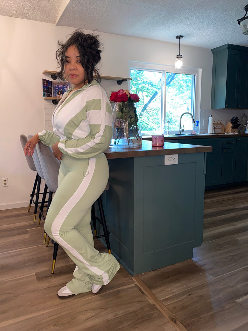 2PC Vintage Stripe Jacket Pants Set| Sage