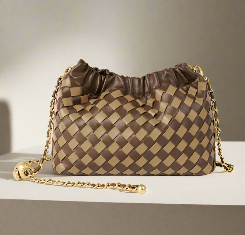 Vintage Hand Woven Leather Ruched Handbag| Light Brown & Dark Brown