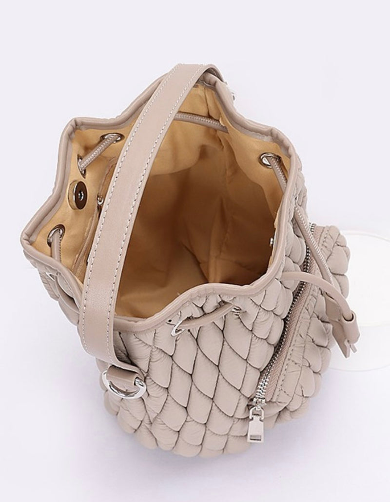 Quilted Puffer Bucket Bag| Cream